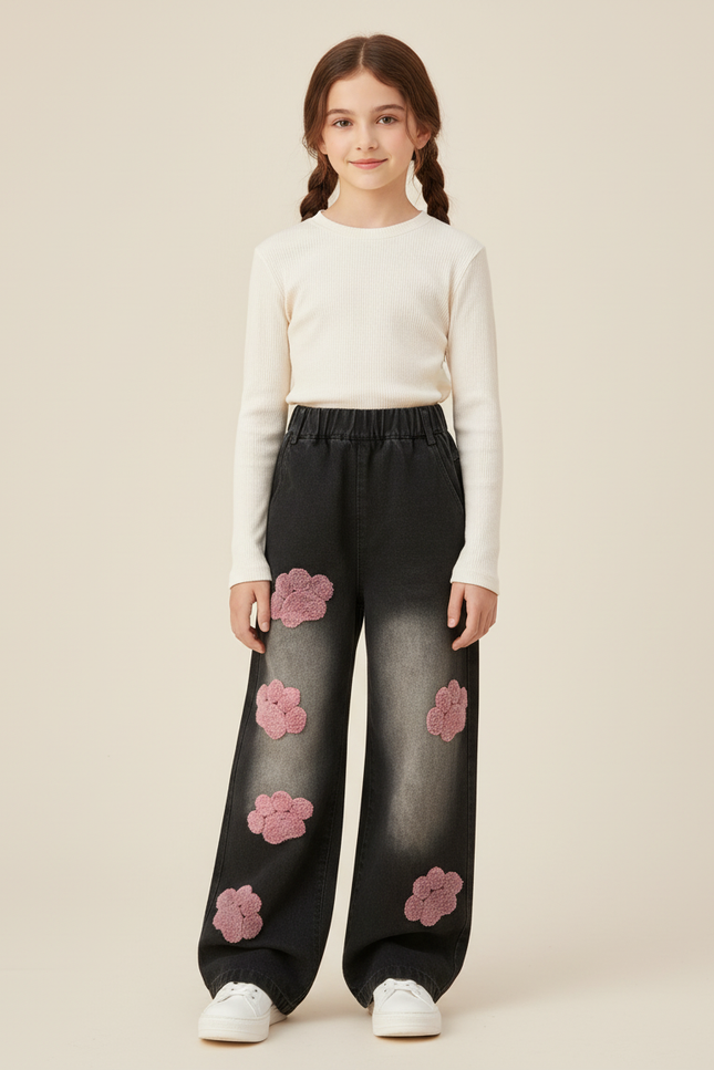 Pantalon Baggy Denim Noir Brodé Fleurs Ample Fille - Jean