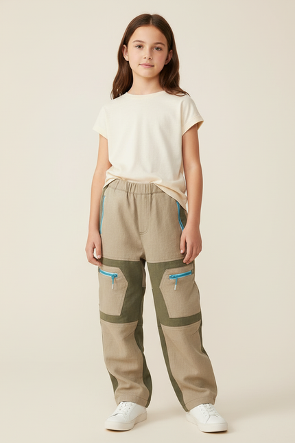 Pantalon Baggy Beige Kaki Cargo Zippé Enfant - Toile