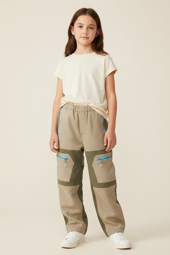 Pantalon Baggy Beige Kaki Cargo Zippé Enfant - Toile