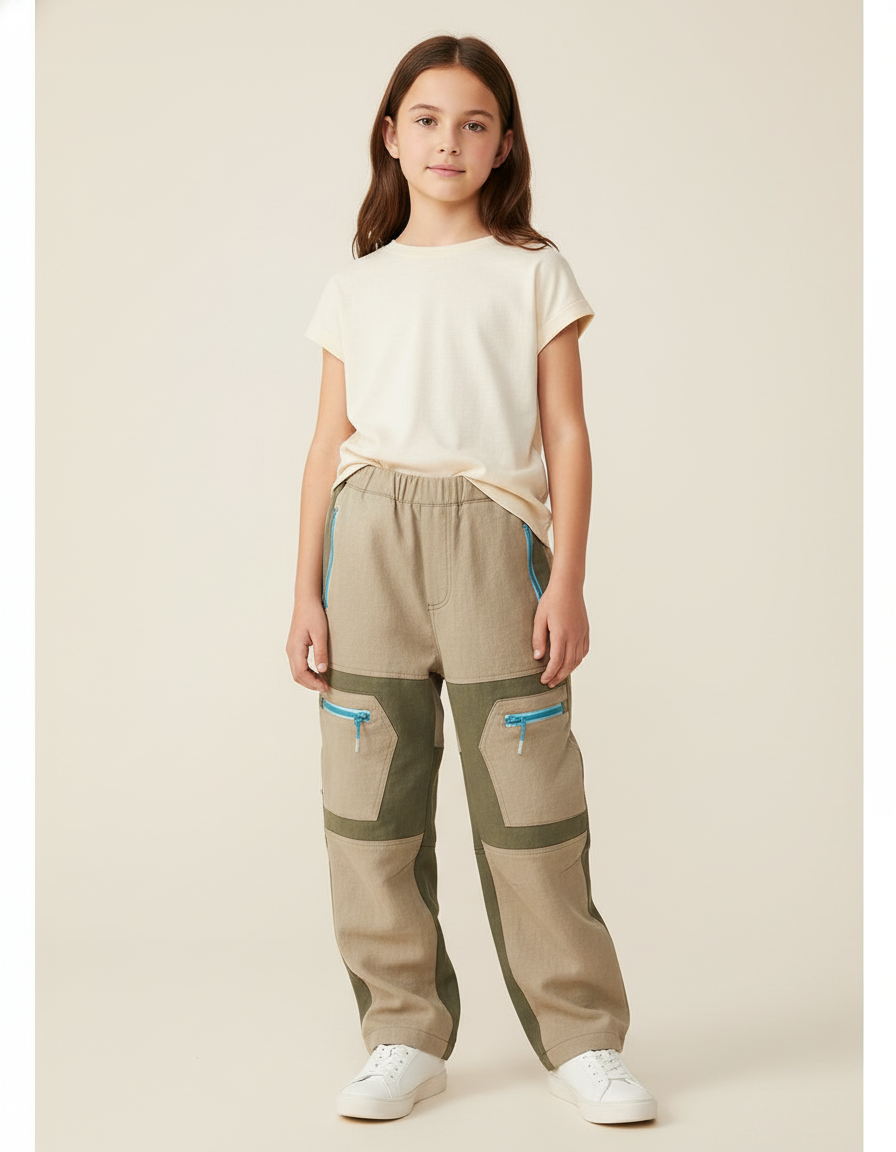 Pantalon Baggy Beige Kaki Cargo Zippé Enfant - Toile