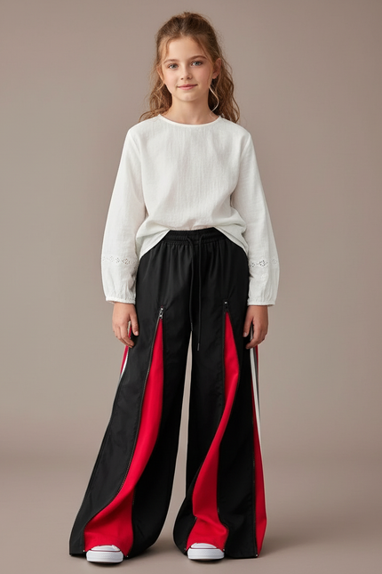Pantalon Baggy Noir Rouge Zippé Ample Fille - Multicolore Polyester