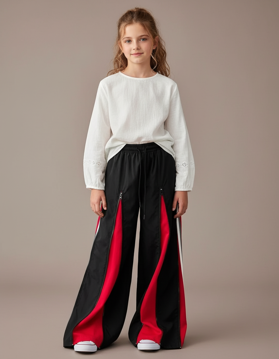 Pantalon Baggy Noir Rouge Zippé Ample Fille - Multicolore Polyester