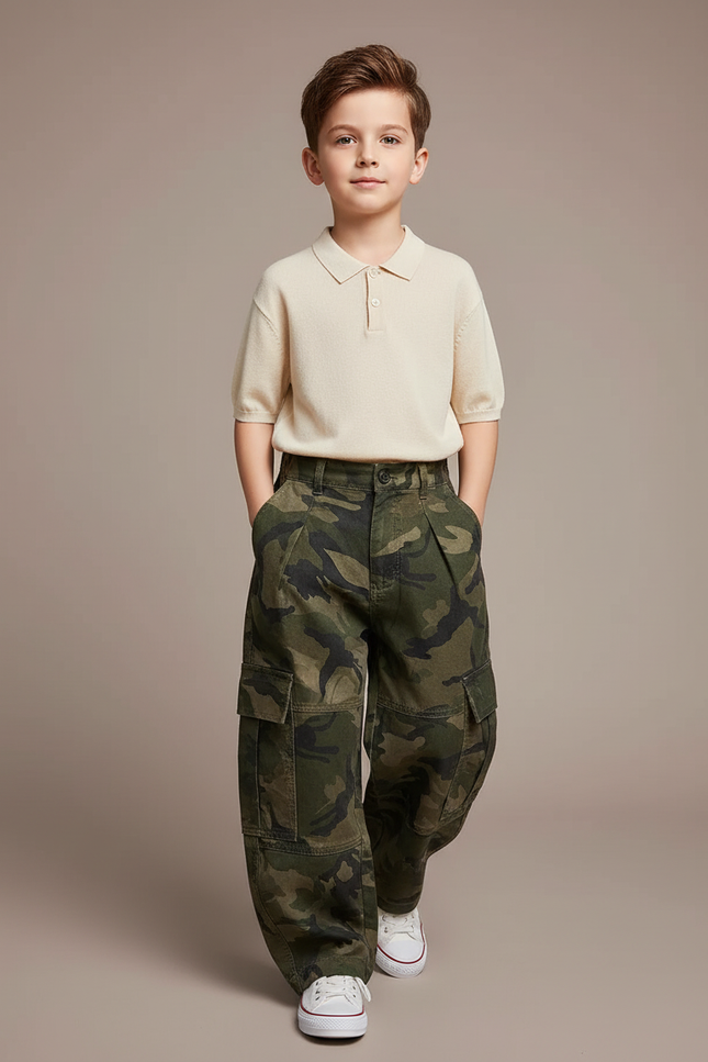 Pantalon Baggy Camouflage Ample Cargo Garçon Tendance - Vert Toile