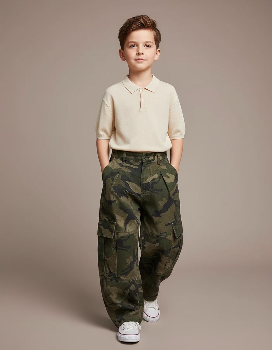 Pantalon Baggy Camouflage Ample Cargo Garçon Tendance - Vert Toile