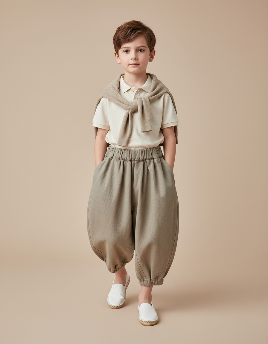 Pantalon Baggy Kaki Ample Coton Élastique Enfant