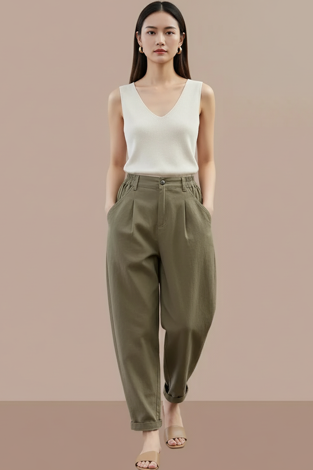 Pantalon Baggy Kaki Ample Décontracté Fluide Femme - Toile