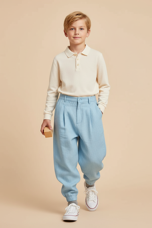 Pantalon Baggy Bleu Ciel Lin Plissé Ample Enfant