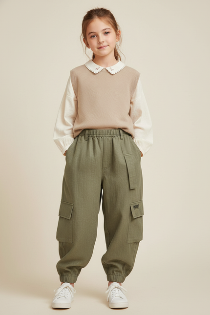 Pantalon Baggy Kaki Cargo Ample Décontracté Enfant - Gabardine