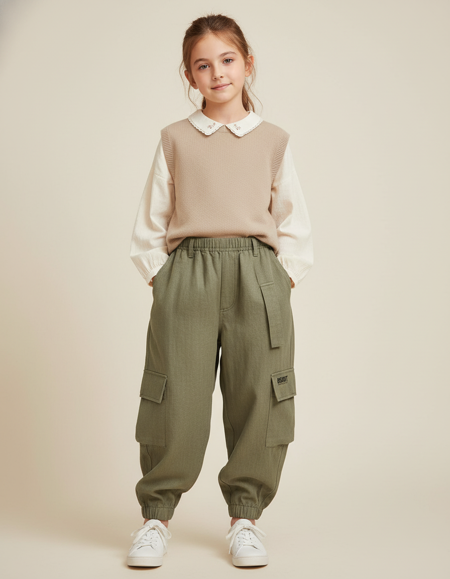 Pantalon Baggy Kaki Cargo Ample Décontracté Enfant - Gabardine