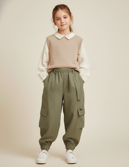 Pantalon Baggy Kaki Cargo Ample Décontracté Enfant - Gabardine