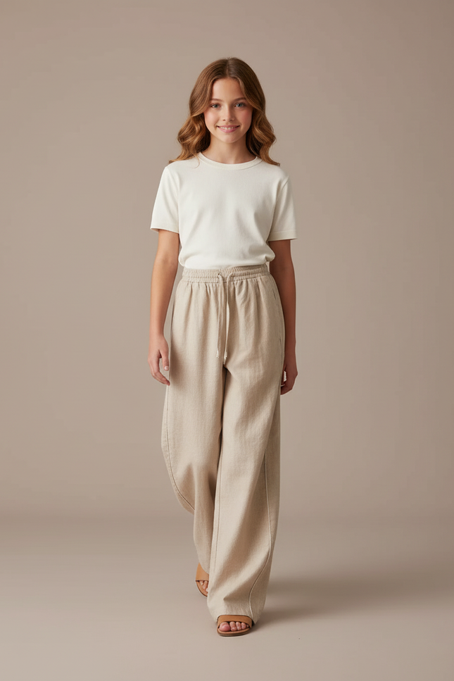 Pantalon Baggy Beige Ample Lin Cordon Fille