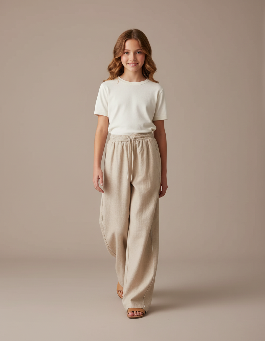 Pantalon Baggy Beige Ample Lin Cordon Fille