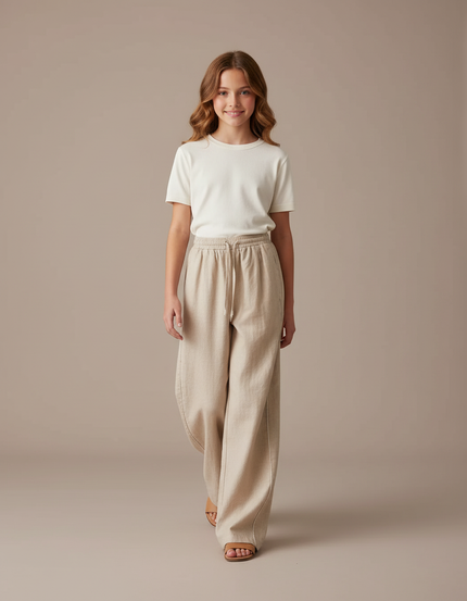 Pantalon Baggy Beige Ample Lin Cordon Fille