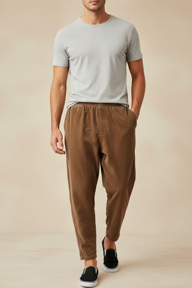 Pantalon Baggy Marron Côtelé Ample Décontracté Homme - Cordé