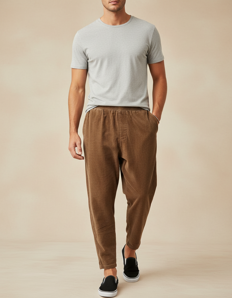 Pantalon Baggy Marron Côtelé Ample Décontracté Homme - Cordé