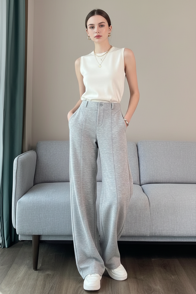 Pantalon Baggy Gris Ample Décontracté Molletonné