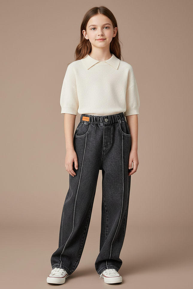 Pantalon Baggy Noir Denim Ample Couture Apparente Fille - Jean