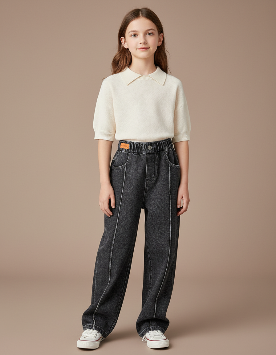 Pantalon Baggy Noir Denim Ample Couture Apparente Fille - Jean