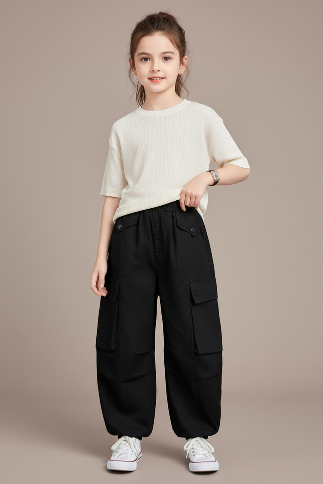 Pantalon Baggy Noir Cargo Ample Enfants Streetwear - Toile