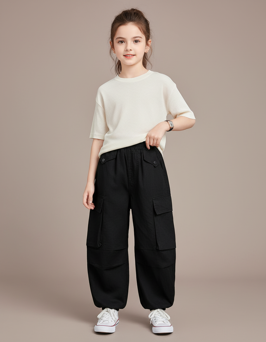 Pantalon Baggy Noir Cargo Ample Enfants Streetwear - Toile