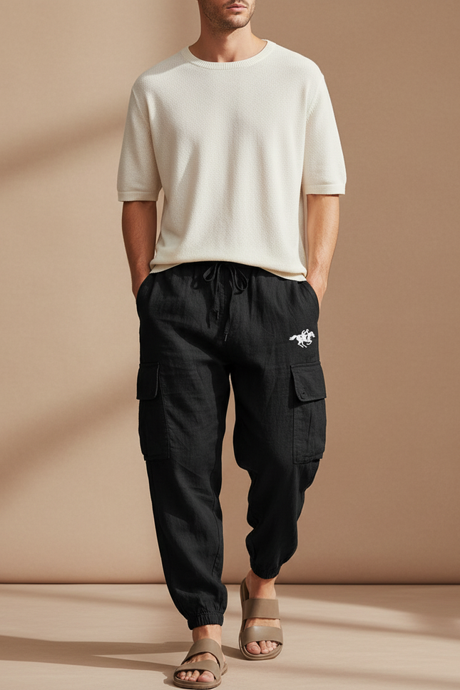Pantalon Baggy Noir Lin Cargo Ample Cordon Homme