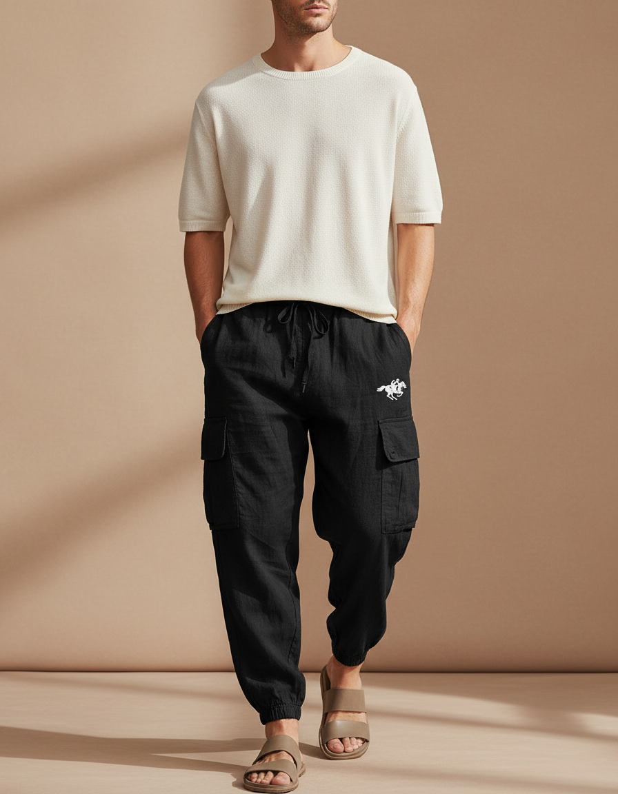 Pantalon Baggy Noir Lin Cargo Ample Cordon Homme