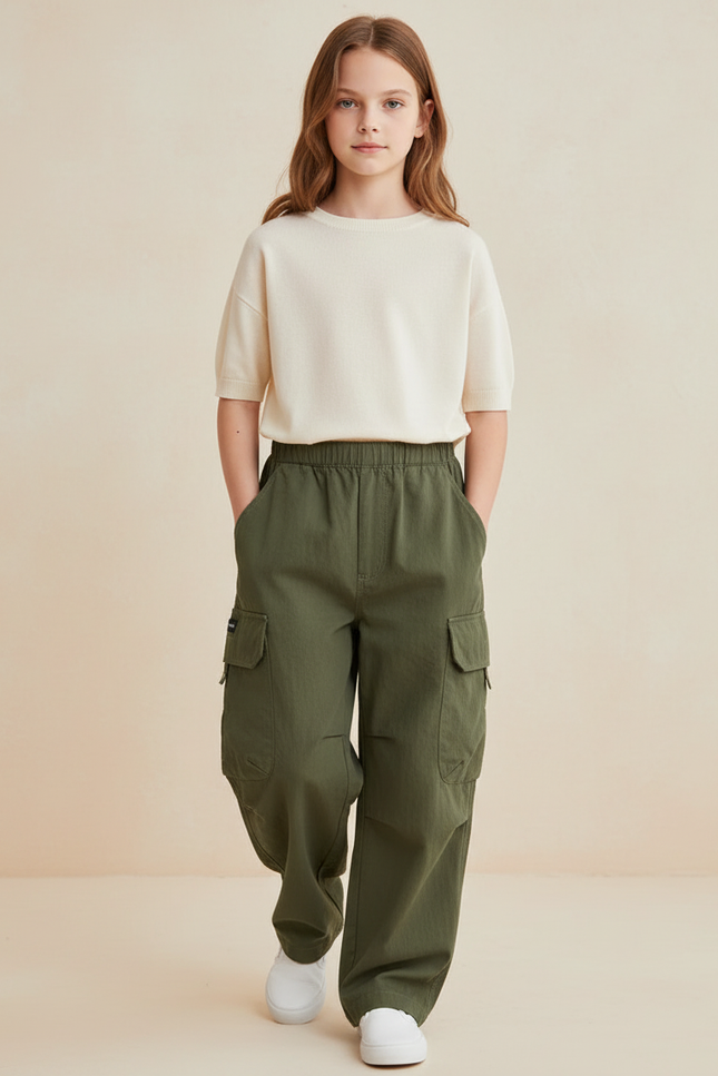 Pantalon Baggy Vert Kaki Ample Décontracté Enfant - Gabardine