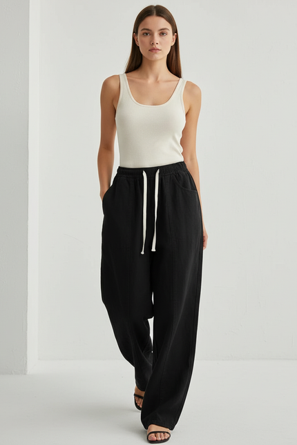 Pantalon Baggy Noir Ample Cordon Décontracté Femme - Molleton