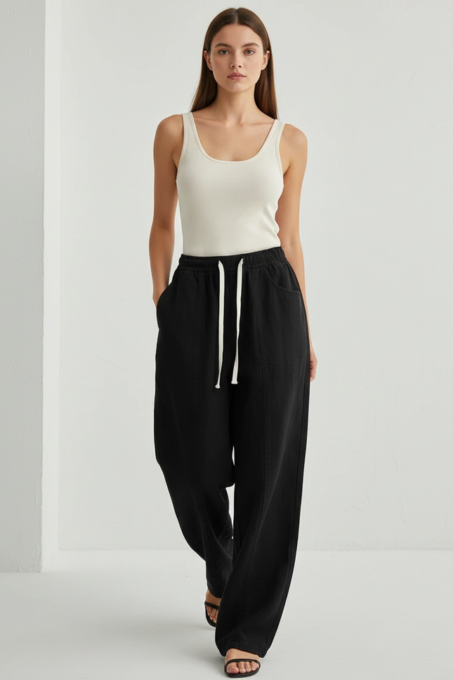 Pantalon Baggy Noir Ample Cordon Décontracté Femme - Molleton