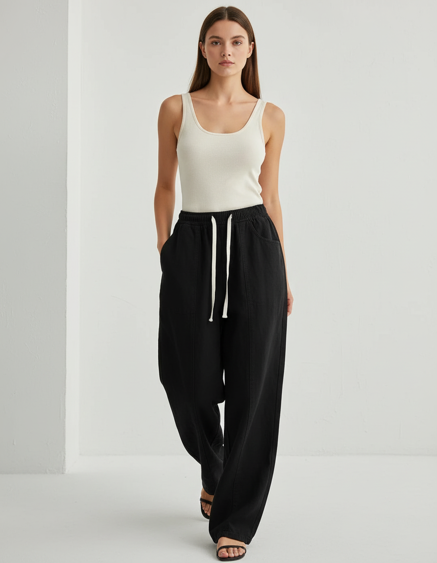Pantalon Baggy Noir Ample Cordon Décontracté Femme - Molleton