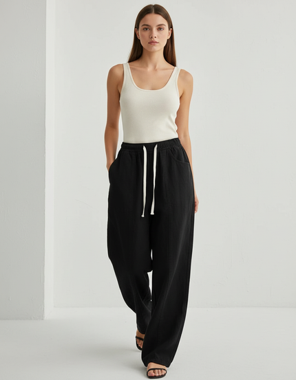 Pantalon Baggy Noir Ample Cordon Décontracté Femme - Molleton