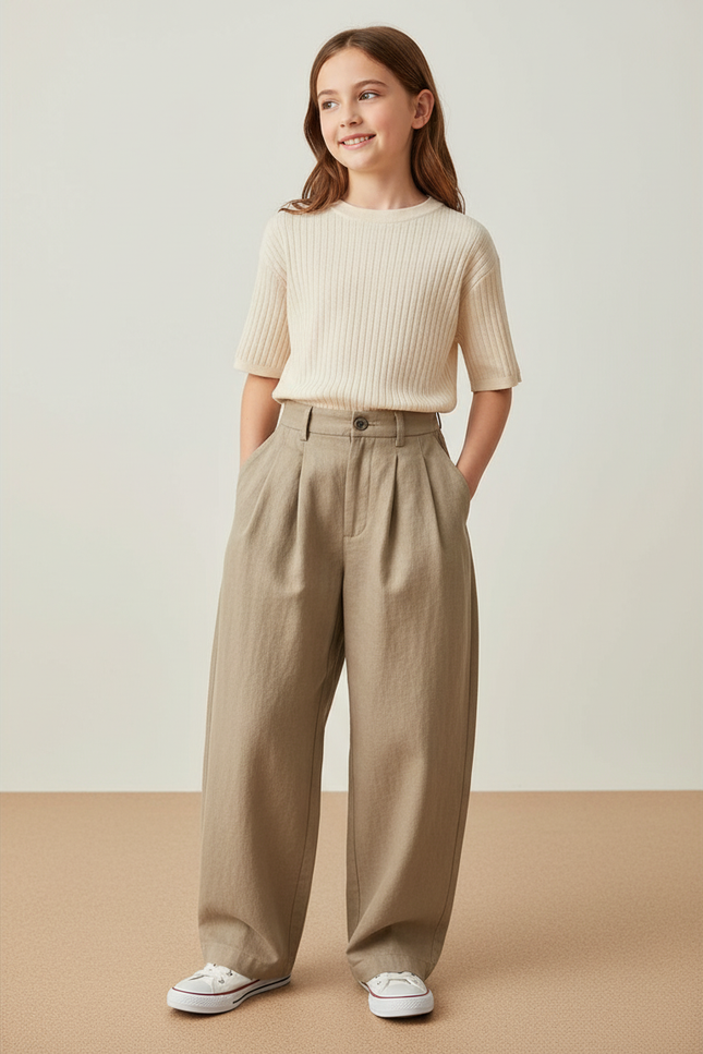 Pantalon Baggy Kaki Ample Plissé Décontracté Enfant - Lin