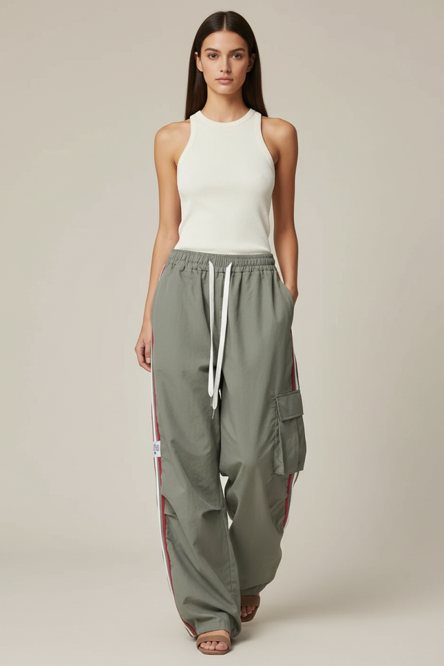 Pantalon Baggy Kaki Cargo Rayé Ample Femme - Polyester