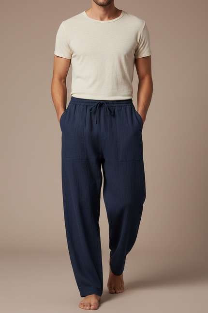 Pantalon Baggy Bleu Marine Ample Cordon Décontracté Homme - Lin