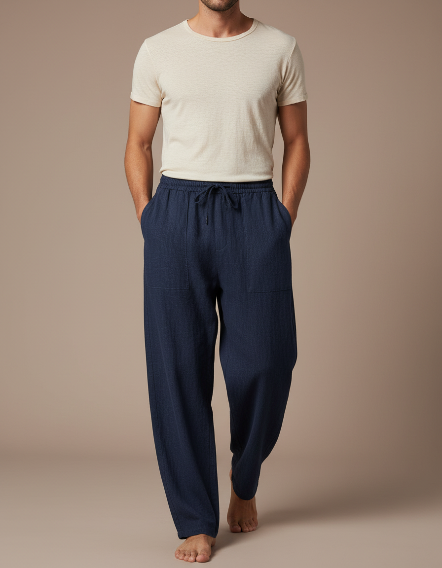Pantalon Baggy Bleu Marine Ample Cordon Décontracté Homme - Lin