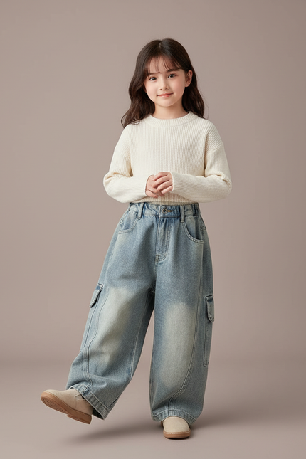 Pantalon Baggy Jean Bleu Ample Cargo Enfant