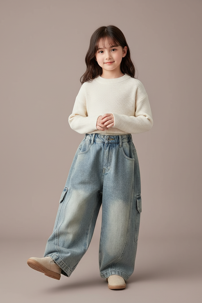 Pantalon Baggy Jean Bleu Ample Cargo Enfant