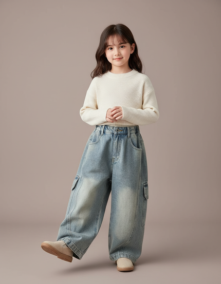 Pantalon Baggy Jean Bleu Ample Cargo Enfant