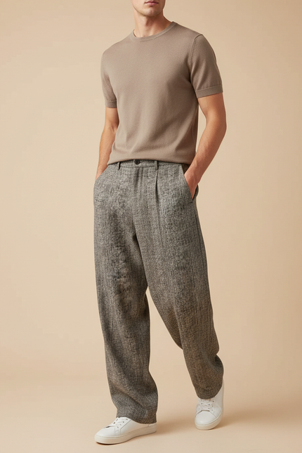 Pantalon Baggy Gris Chiné Ample Décontracté Plissé Homme - Maille