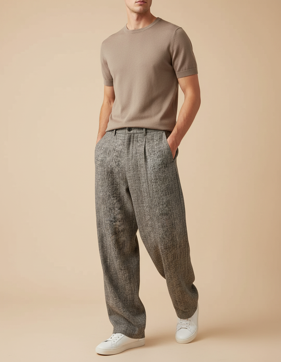 Pantalon Baggy Gris Chiné Ample Décontracté Plissé Homme - Maille