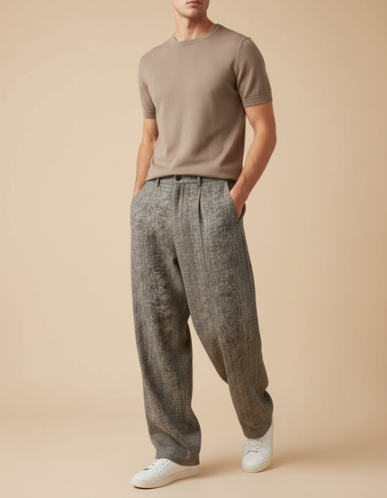 Pantalon Baggy Gris Chiné Ample Décontracté Plissé Homme - Maille