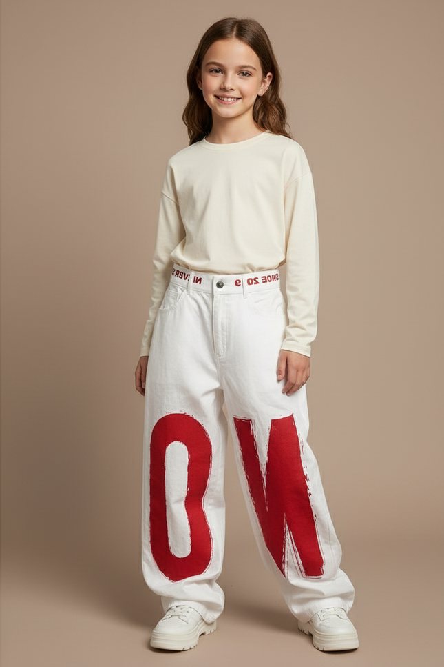 Pantalon Baggy Blanc Jean Imprimé Rouge Fille