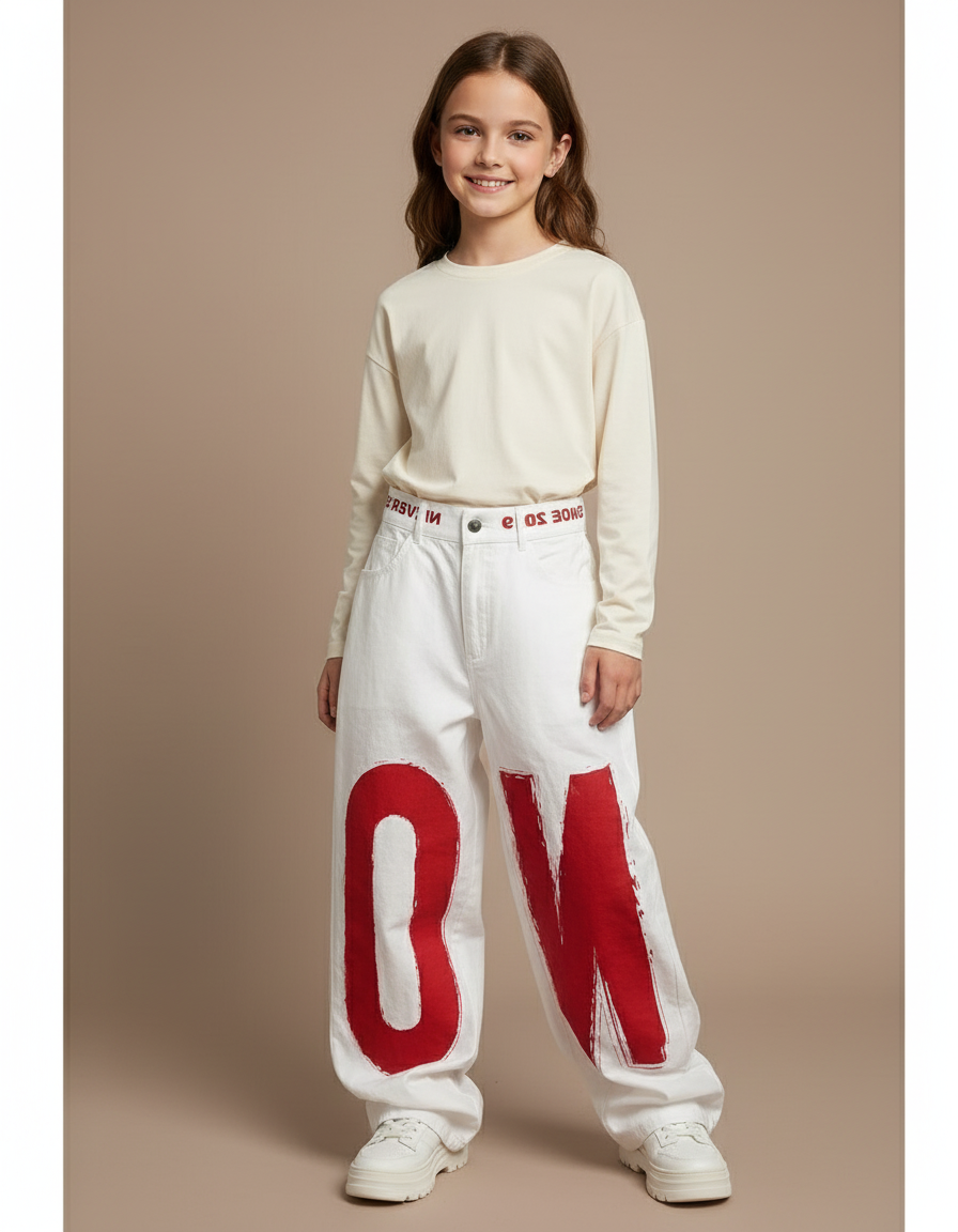 Pantalon Baggy Blanc Jean Imprimé Rouge Fille