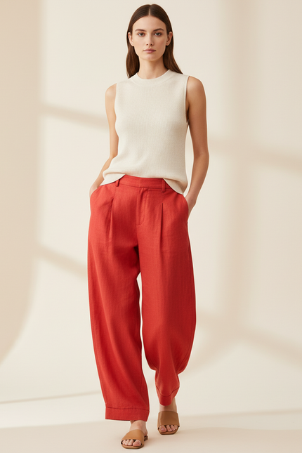 Pantalon Baggy Rouge Lin Ample Plissé Décontracté