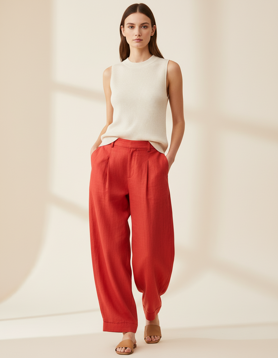 Pantalon Baggy Rouge Lin Ample Plissé Décontracté