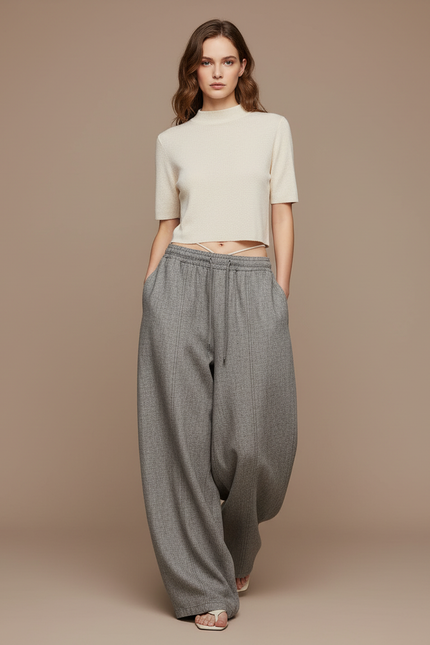 Pantalon Baggy Gris Ample Décontracté Texturé Femme - Tweed