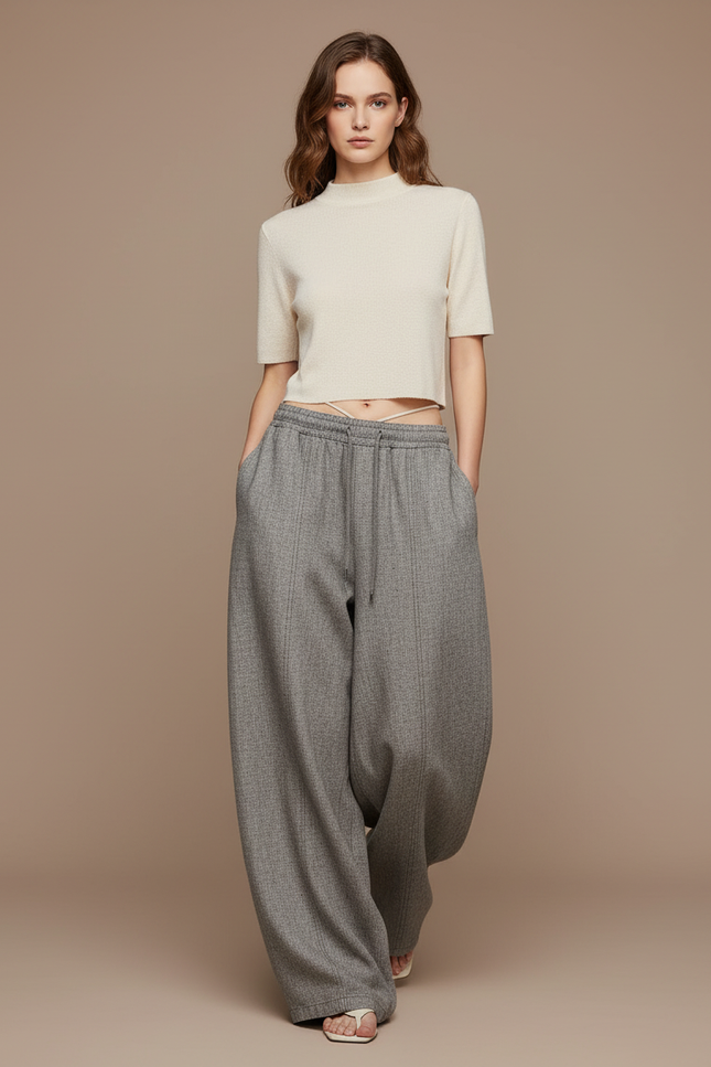 Pantalon Baggy Gris Ample Décontracté Texturé Femme - Tweed