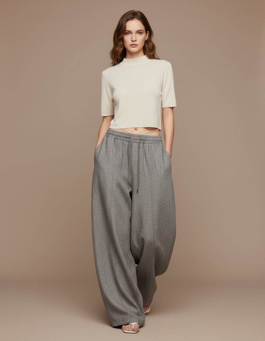 Pantalon Baggy Gris Ample Décontracté Texturé Femme - Tweed