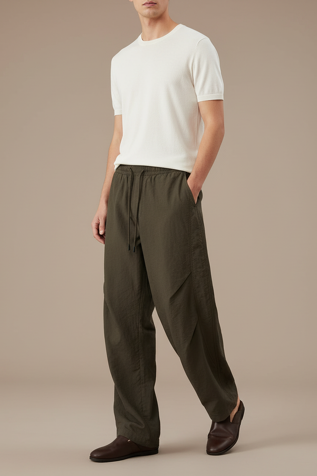 Pantalon Baggy Vert Olive Fluide Ample Décontracté - Kaki Lin