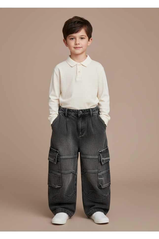 Pantalon Baggy Cargo Gris Foncé Ample Décontracté Garçon - Jean